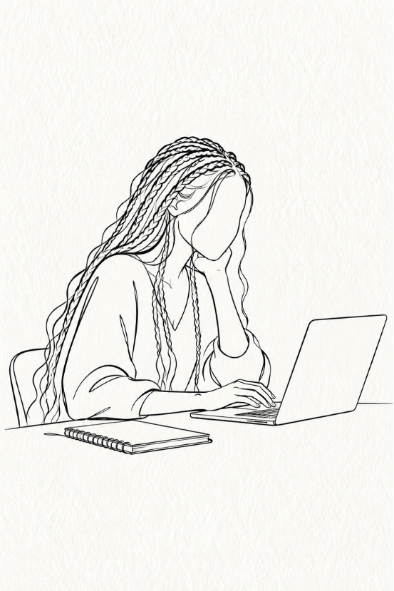 Line art illustration of a woman working at a laptop